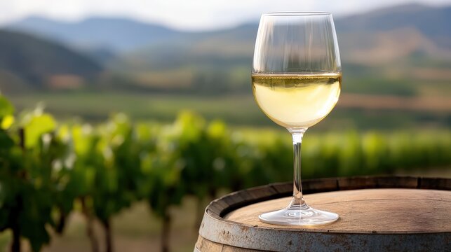 Glass of White Wine on Rustic Barrel in Vineyard Landscape