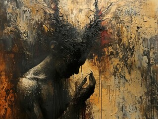 Obraz premium Dark Figure In Distress: A Contemplative Abstract Painting