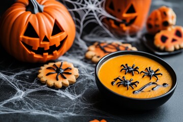 A spooky Halloween dinner setup, with themed dishes like pumpkin soup and spider-shaped cookies, served in a dimly lit room decorated with cobwebs