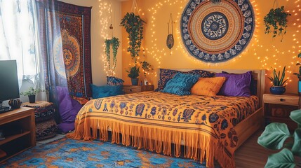 Cozy, vibrant bedroom with bohemian decor and plants.
