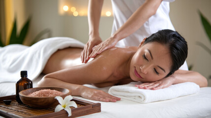Fototapeta premium A woman is getting a massage. A bottle of oil is on the table