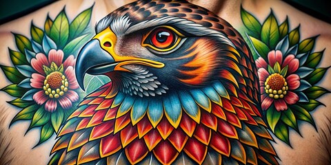 Fototapeta premium Traditional Hawk Tattoo Design with Bold Lines and Intricate Details for Body Art Inspiration