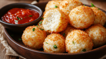 Fototapeta premium Golden-Brown Arancini: Italian Rice Balls Filled with Cheese and Peas, Served with Marinara for a Flavorful Dip