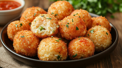 Fototapeta premium Crispy Italian Rice Balls (Arancini): Golden-Brown Balls Filled with Cheese and Peas, Served with Marinara Sauce