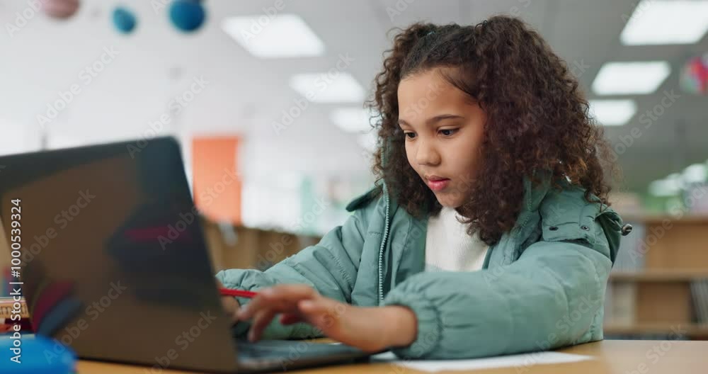 Poster girl, kid and typing on laptop at library for research on school project and online education. elear