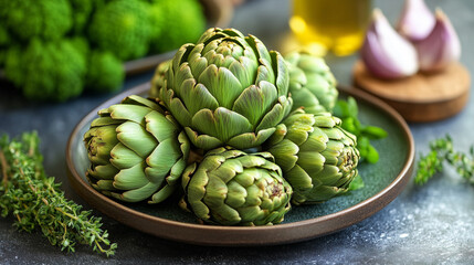 Obraz premium Elegant Carciofi alla Romana: Tender Artichokes Simmered in Garlic, Herbs, and Olive Oil, Beautifully Plated