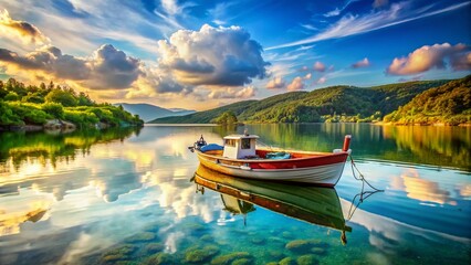 Fototapeta premium Tranquil Scene of a Small Fishing Boat Anchored in Calm Waters Surrounded by Scenic Nature Background