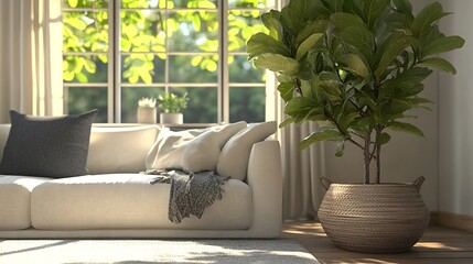 Cozy living room with a plant and natural light.