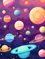 Fototapeta premium Cartoon vector-style landscape view of the solar system, with colorful planets and rings in space