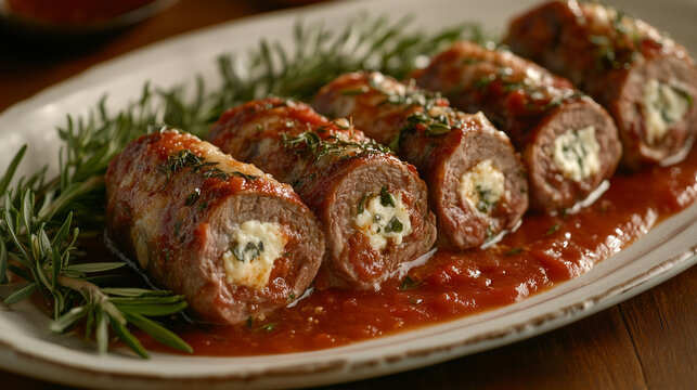 Tender Beef Braciole Stuffed with Herbs and Cheese, Slow-Cooked in Marinara Sauce for a Classic Italian Dish