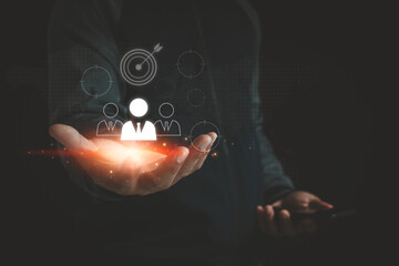 Know your customer (KYC) concept. Finding the target audience of a business, thinking about digital marketing online to find customers, customer service, and social media. Target customer on hand.