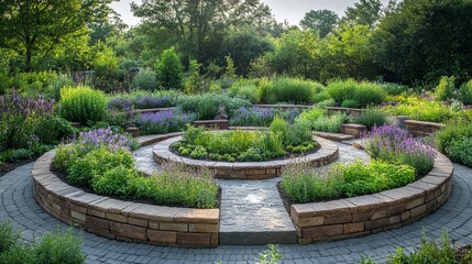 A beautifully designed circular vegetable garden with raised beds radiating from the center, filled with vibrant plants, surrounded by lush greenery