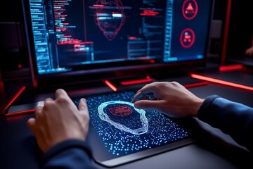 Futuristic digital forensics lab, where AI-driven software analyzes vast amounts of data in holographic displays, helping investigators uncover cybercrimes