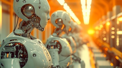 Fototapeta premium Multiple humanoid robots stand in a line, illuminated by a warm glow, suggesting a high-tech environment. The image evokes themes of automation, robotics, and the future of industry, with a focus on