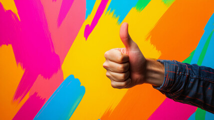 An arm from off screen giving a thumbs up against a bright painted background