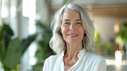 A lifelike depiction of an older woman with shoulder-length white hair and a joyful expression, dressed in a white shirt