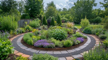 A circular garden featuring culinary herbs like basil, sage, and oregano in one section, with medicinal plants such as lavender and echinacea in another