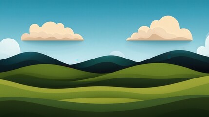 Cartoon Landscape  Green Hills  Blue Sky  and Fluffy Clouds