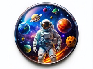 Fototapeta premium Unique Space Badge Design Featuring Astronaut, Stars, and Planets for Creative Projects and Themes