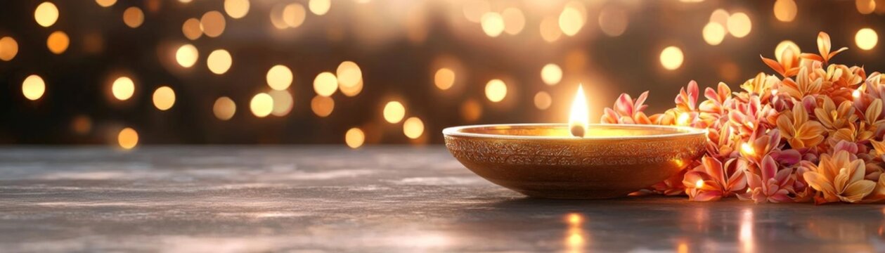 A festive Diwali display featuring a beautiful lamp, bokeh lights, and a cascade of bright flowers