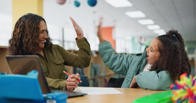 Student, high five and mentor at library with elearning, success and teacher with child development achievement. Excited, celebration and work at school with education, happy and campus learning