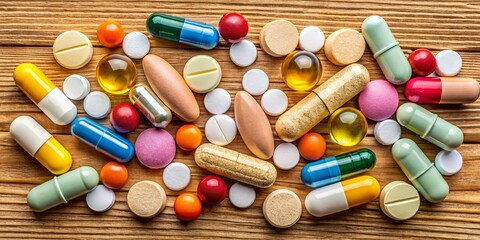 Various NSAIDs and pain relief medications arranged on a wooden surface with a soft light background