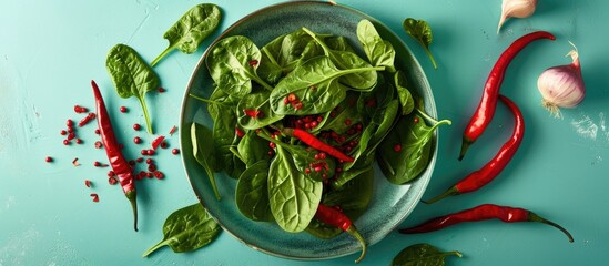 Obraz premium Fresh Green Spinach Leaves Red Hot Chili Peppers And Onions On A Ceramic Plate On A Blue Background Source Of Vitamins For The Heart Muscle Food For Vegans And Vegetarians