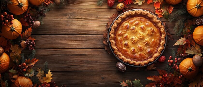 Rustic wooden background with an Easter theme and empty space in the middle, brown tones, top view of a pumpkin pie on a wooden table surrounded by pumpkins, fall leaves, holly berries