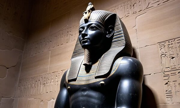The ebony statue of Osiris is a majestic and timeless depiction, with serene power and intricate hieroglyphs.