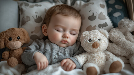 A photostock image of a baby napping in a crib with soft toys