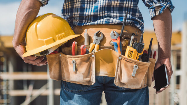 A man is wearing a yellow hard hat and holding a tool belt. The belt has a cell phone in one pocket and a hammer in the other