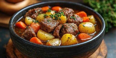 A rustic bowl filled with a hearty beef stew, featuring tender chunks of meat, golden potatoes, and vibrant carrots, all simmered in a rich and flavorful broth