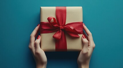 A pair of hands holding a beautifully wrapped gift box with a red ribbon on a blue background.
