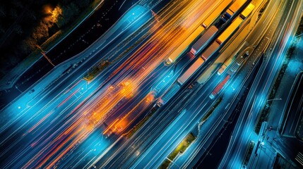 Aerial view of a busy highway with vibrant light trails from vehicles.