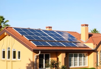 Solar Panels on Terracotta Roof of a Mediterranean Home