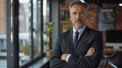 Mature male executive in a contemporary office, dressed in a dark suit and tie