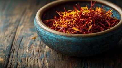 Fototapeta premium A bowl filled with vibrant saffron threads on a rustic wooden surface.