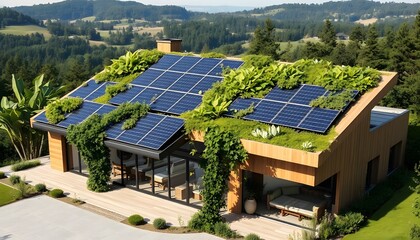 Modern Home with Green Roof and Solar Panels on a Hillside