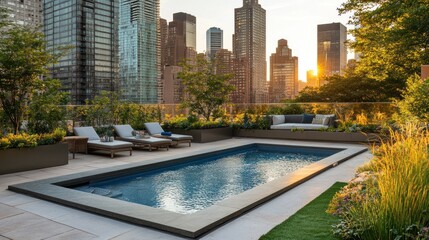 Fototapeta premium Modern rooftop pool with city skyline at sunset, featuring lounge chairs and greenery.