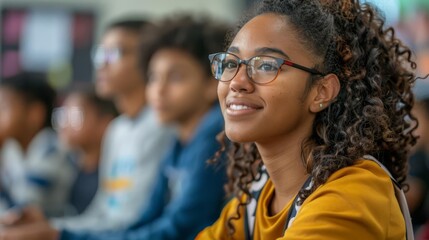 Obraz premium Smiling girl in classroom, engaged and focused on lesson.