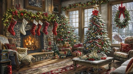 Cozy Christmas living room with decorated tree and stockings