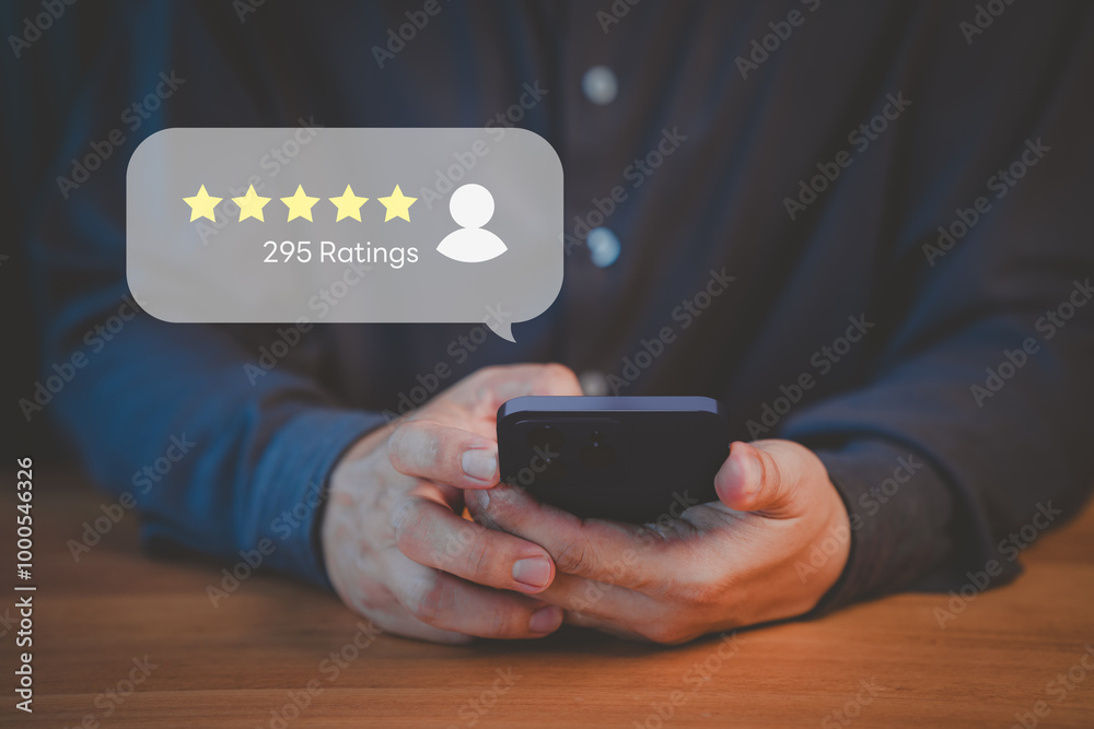 Poster person holding a smartphone with a five-star rating bubble displaying 295 ratings. business concept 