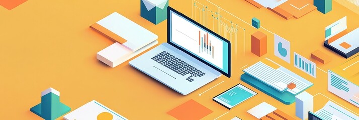 Obraz premium A modern workspace featuring a laptop with data visualizations and various digital elements.