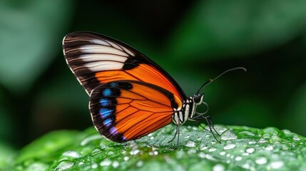 Vibrant Tropical Butterfly on Dewy Leaf  Close Up Macro Photography