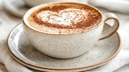 Fototapeta premium A beautifully crafted latte with heart-shaped foam art in a speckled cup on a saucer.