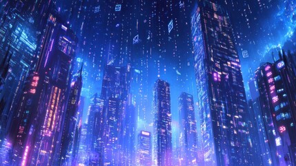 Futuristic cityscape with neon lights and digital elements in a vibrant, cyberpunk atmosphere.