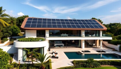 Fototapeta premium Modern Home with Solar Panels, Green Roof, and Pool