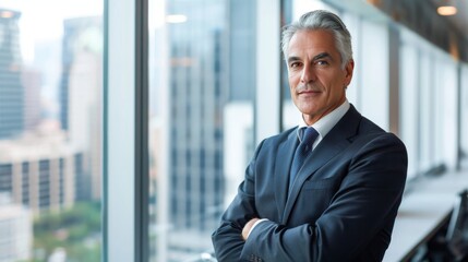 Middle-aged executive with gray hair, confident stance