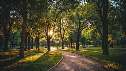 Obraz premium A serene park scene with sunlight filtering through trees along a winding path.