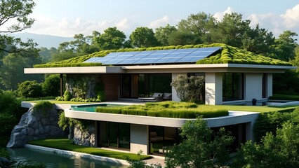 Fototapeta premium Green Roof House with Solar Panels and Swimming Pool